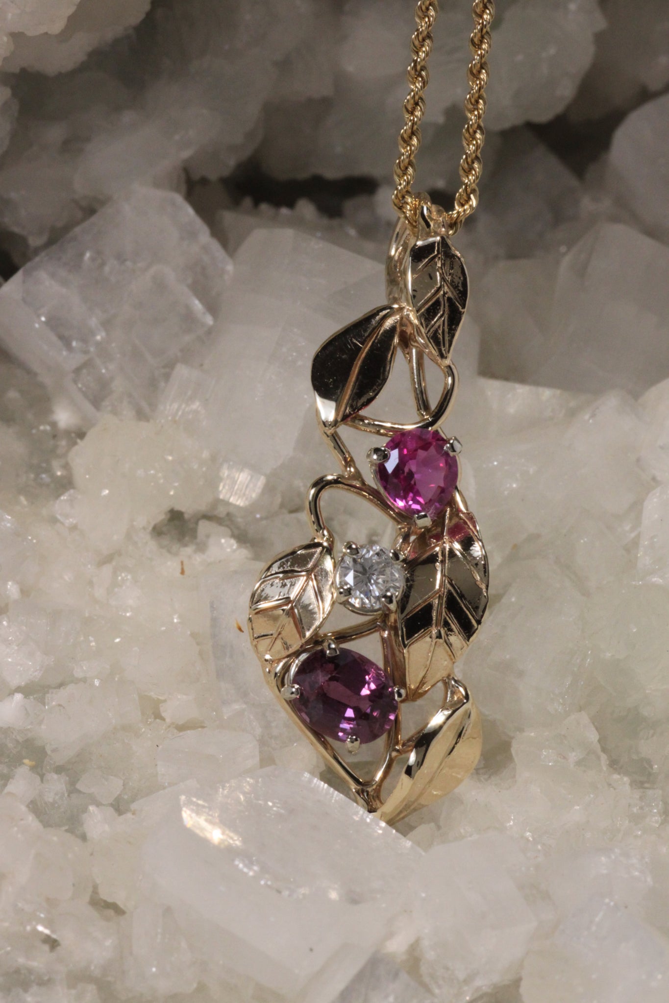 Pink & Purple Sapphire With Diamond Leaf Design Pendant