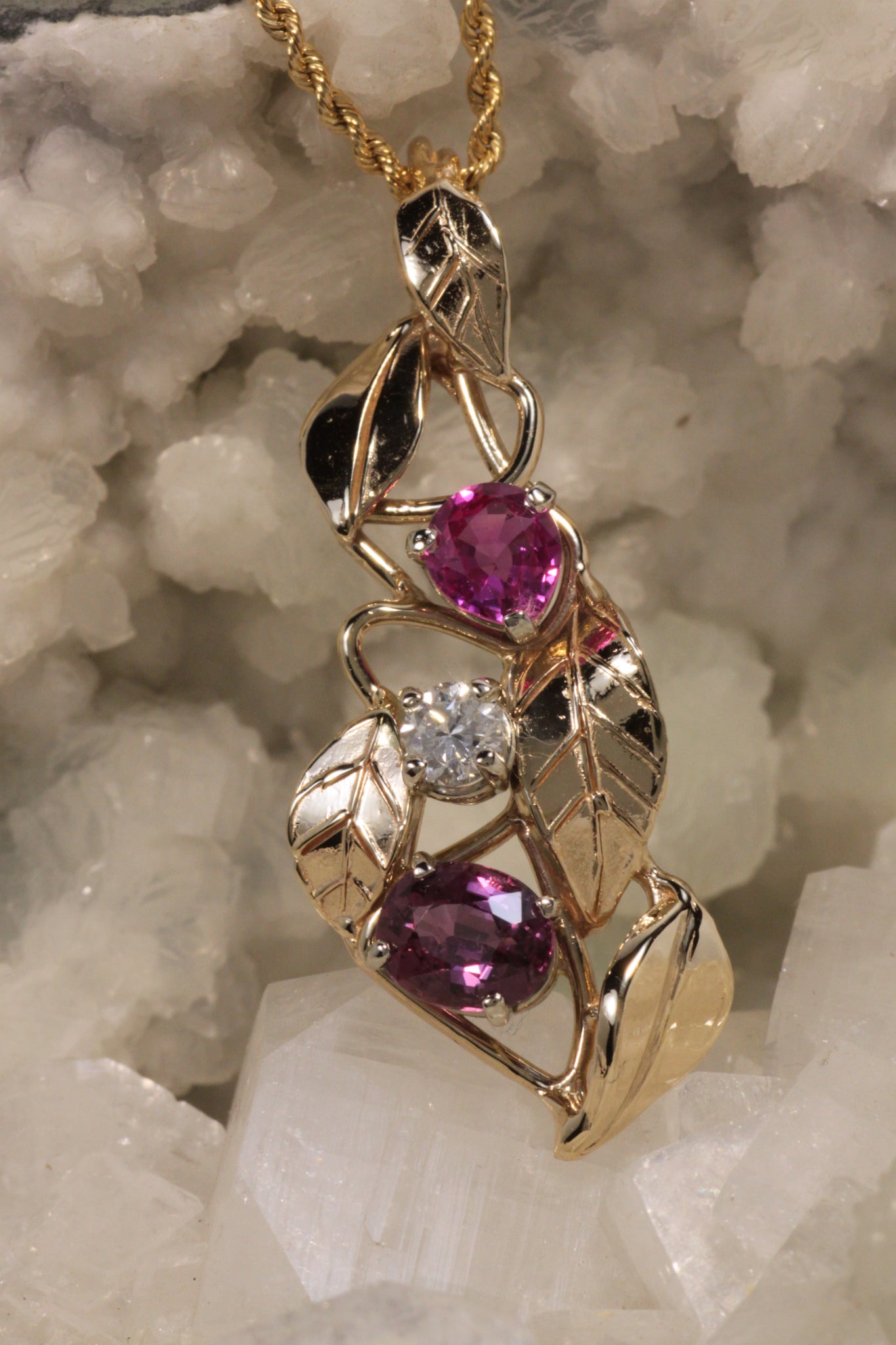 Pink & Purple Sapphire With Diamond Leaf Design Pendant
