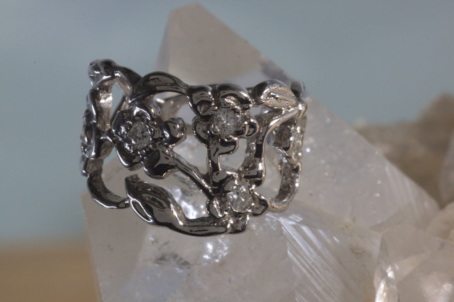 White Gold Flower Ring With Diamonds