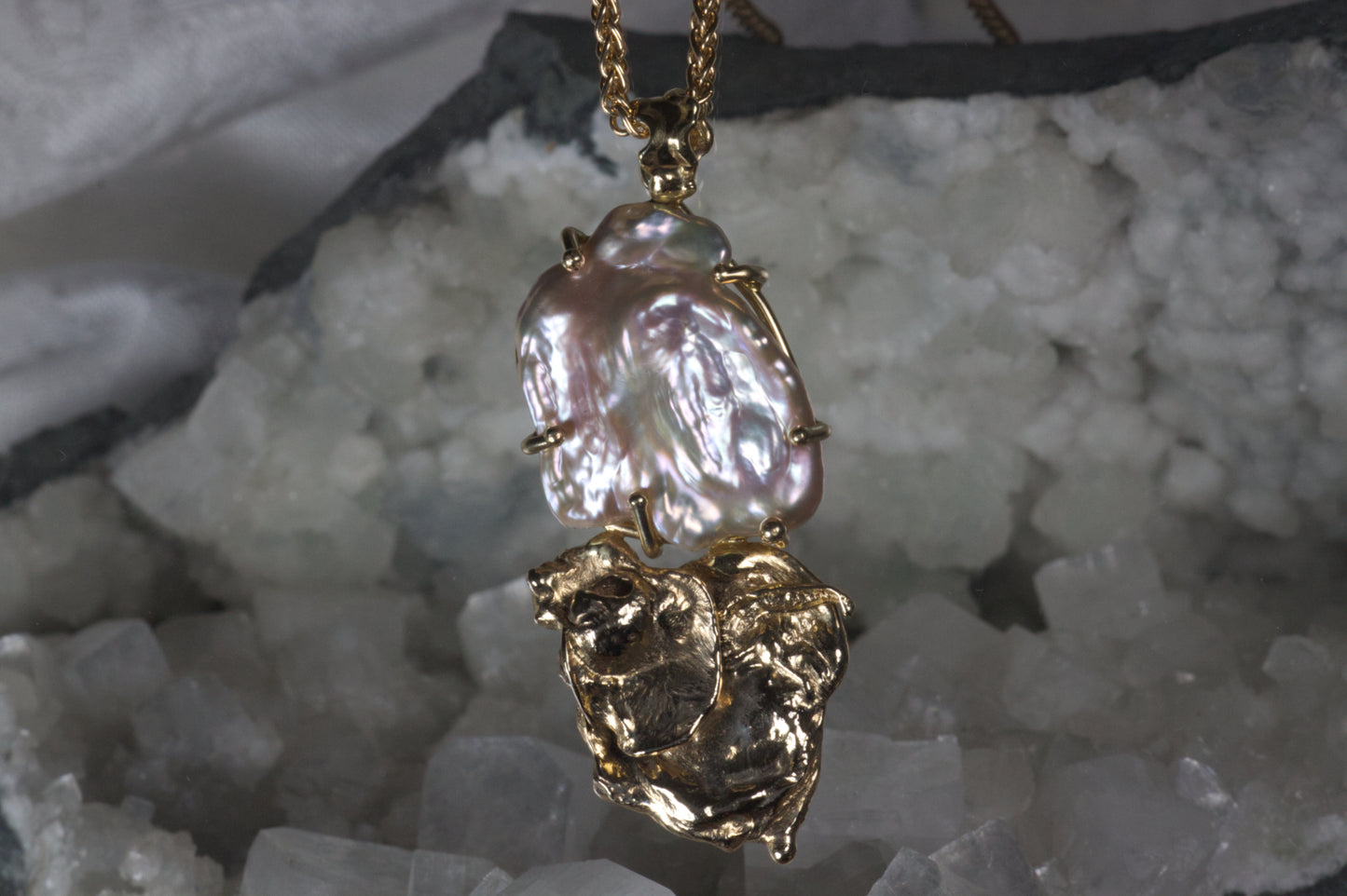 Baroque Pearl Pendant With Melted Gold Reflection