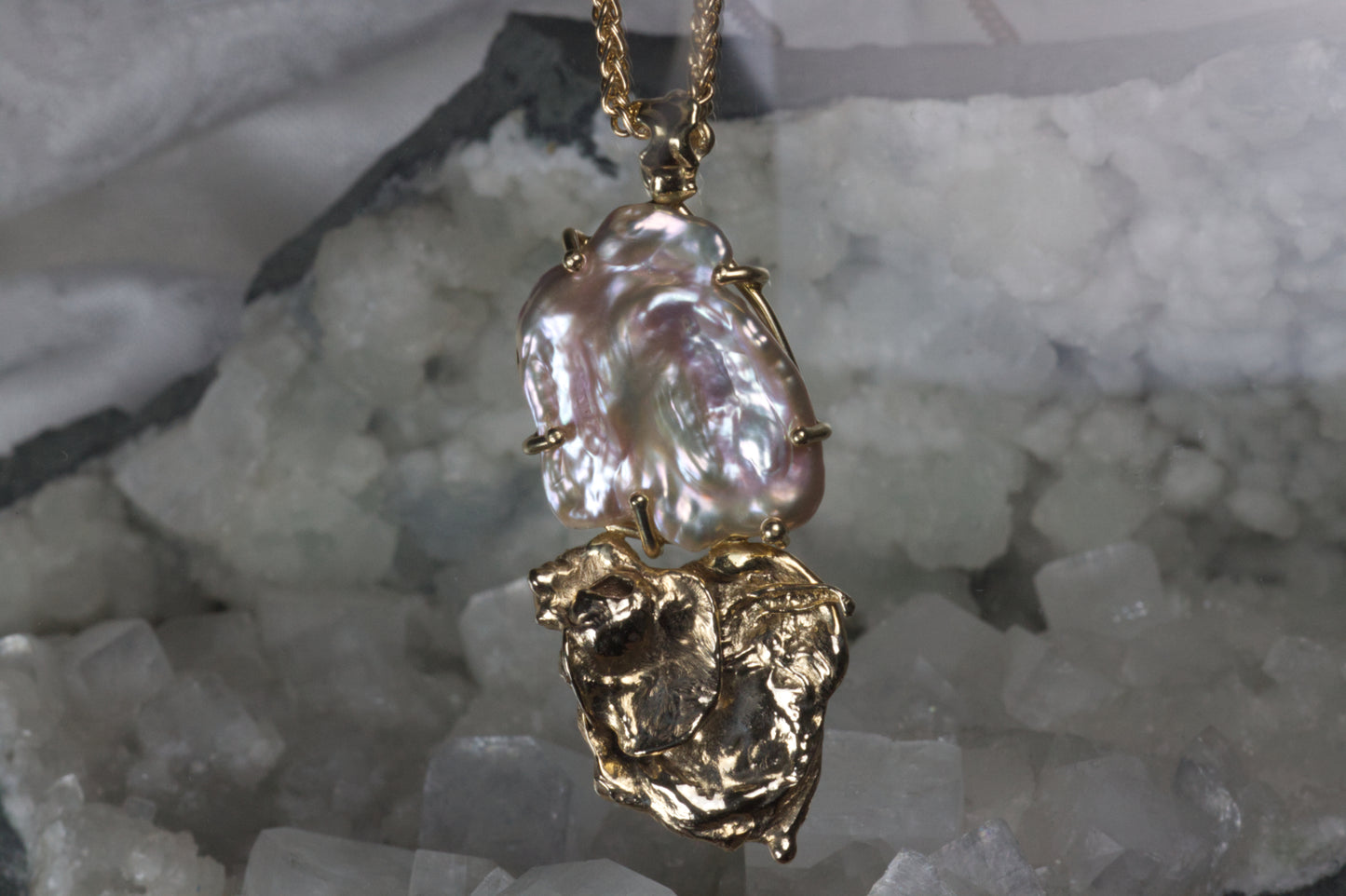 Baroque Pearl Pendant With Melted Gold Reflection
