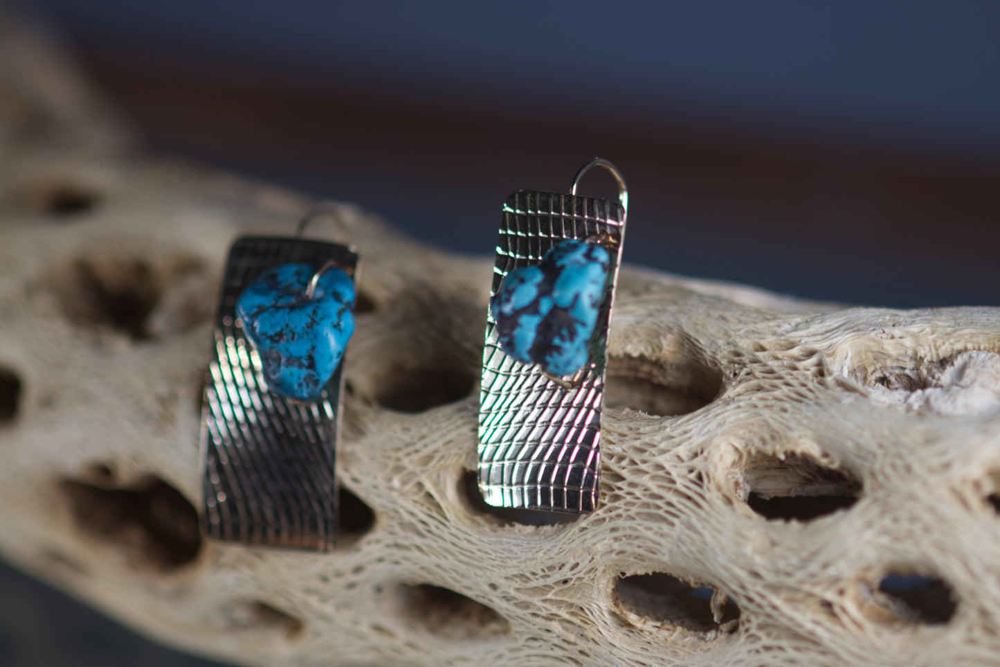 Textured Rectangle Earrings With Turquoise Nuggets