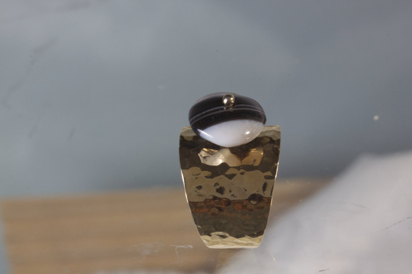 Hammered Ring With Black & White Agate Lentil Bead