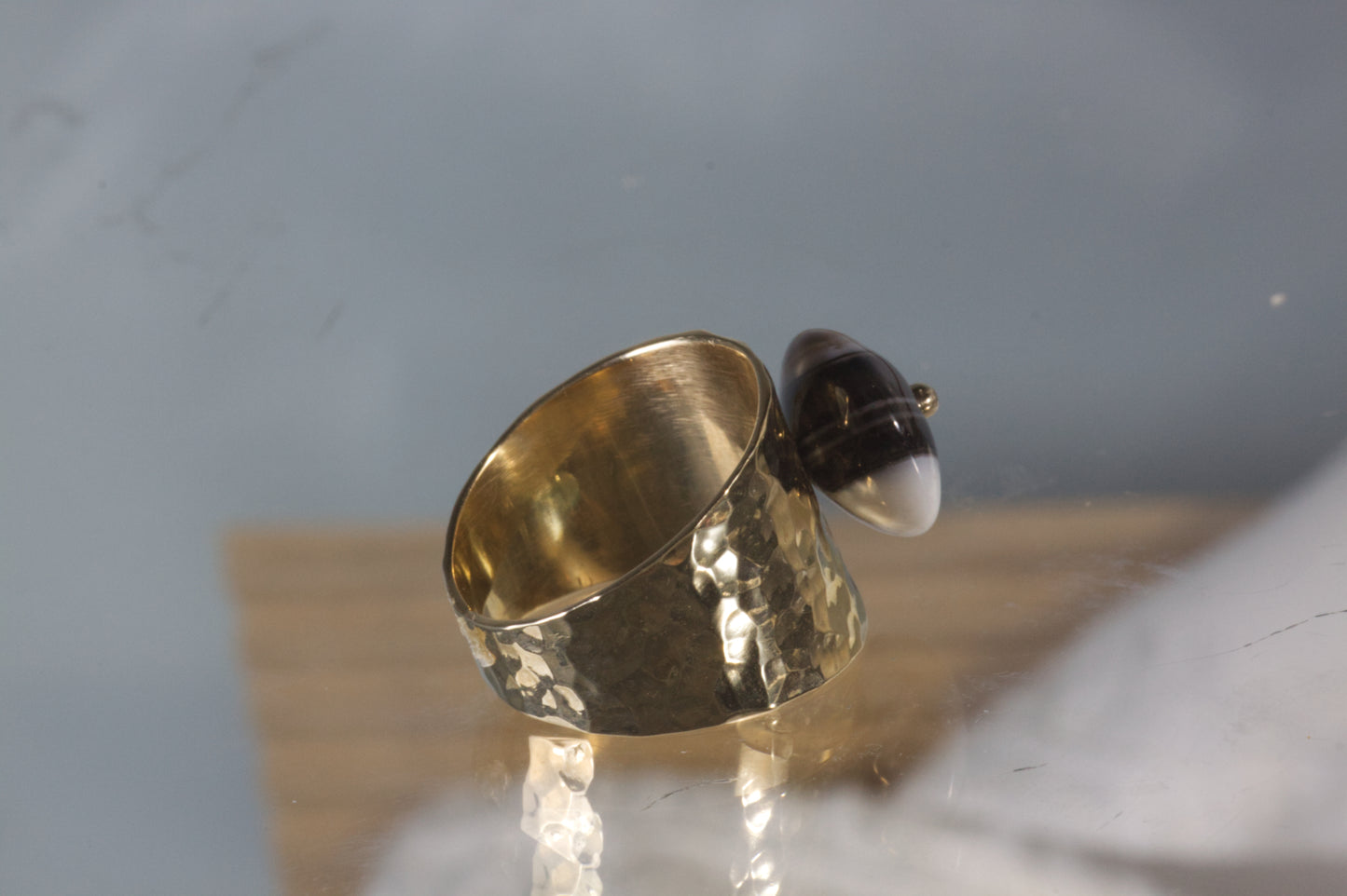 Hammered Ring With Black & White Agate Lentil Bead