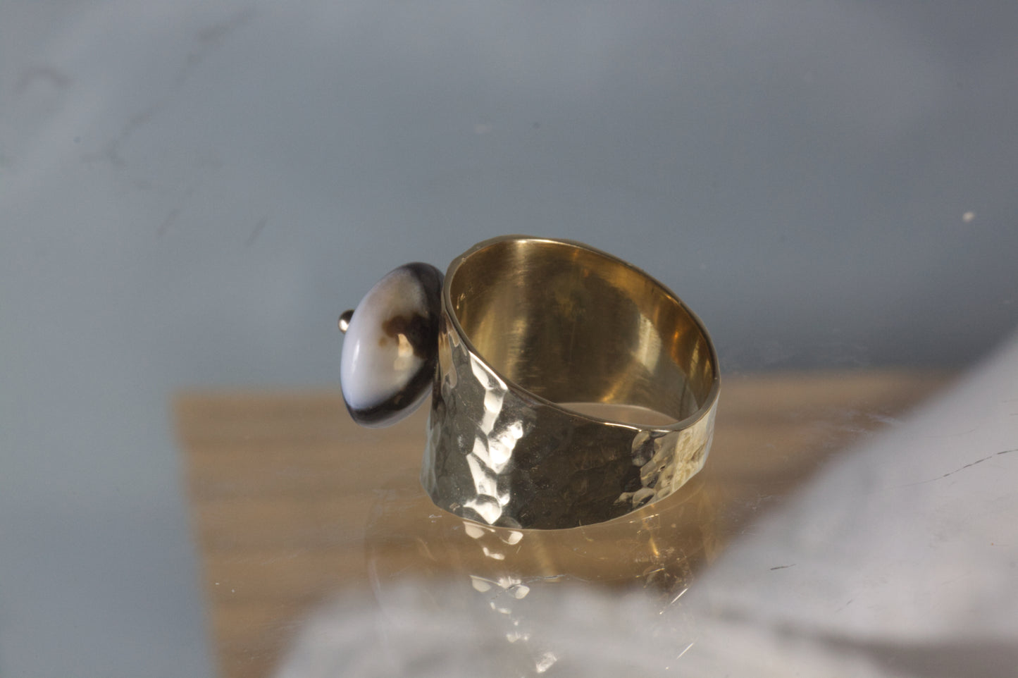 Hammered Ring With Black & White Agate Lentil Bead